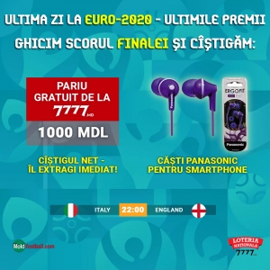 În timpul EURO-2020 puteți cîștiga gadgeturi performante și pariuri gratuite de la 1 000 pînă la 10 000 lei pe pagina Moldfootball pe Facebook!