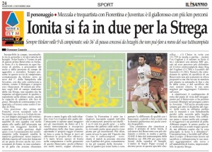 Gazeta Il Sannio i-a dedicat o pagină din publicația de astăzi lui Artur Ionița. El este în TOP-3 a mijlocașilor din Serie A după numărul de km alergați într-un meci